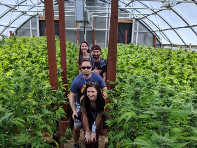 cannasseurs posing in a greenhouse on a weed tour