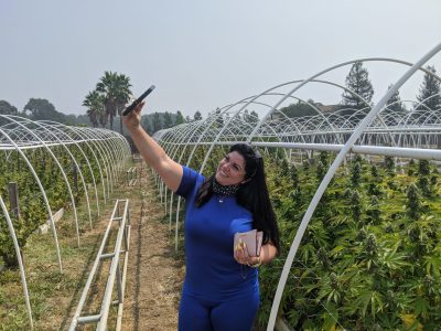 Woman taking selfie in front of rows of cannabis plants