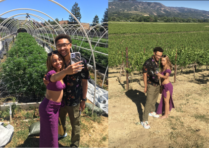 Couple taking selfies on a cannabis farm tour and at a vineyard