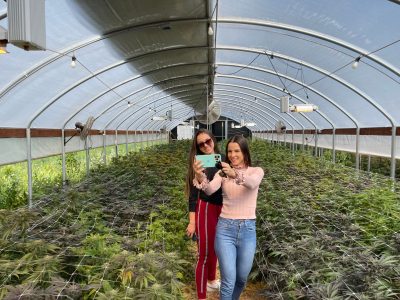 two beautiful tourists on a cannabis farm tour